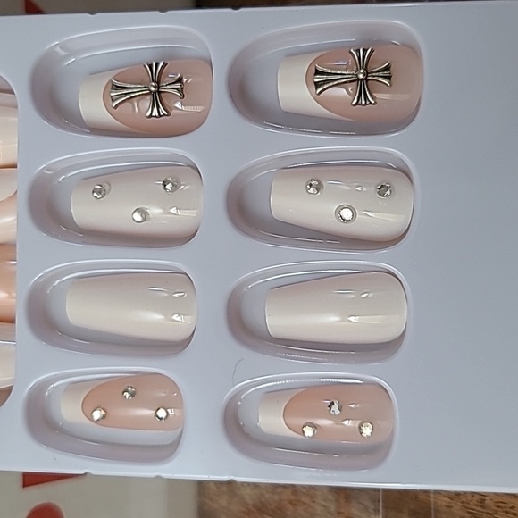 2/$16 Rhinestone Cross French Manicure Press on Nails - Picture 12 of 16